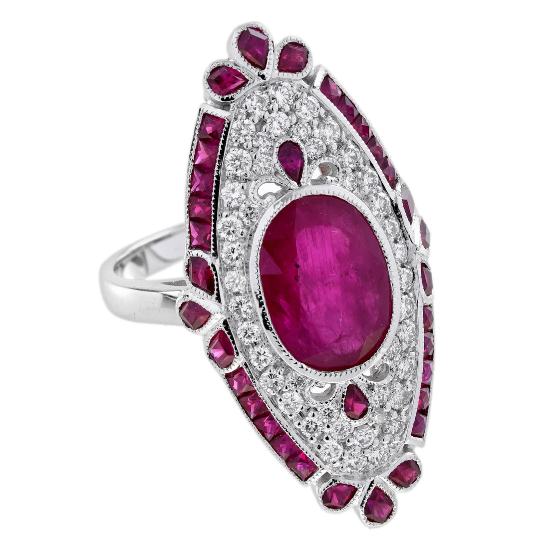 Red Pink Ruby &amp; Diamond Pave Set Art Deco Style Cocktail White Gold Ring