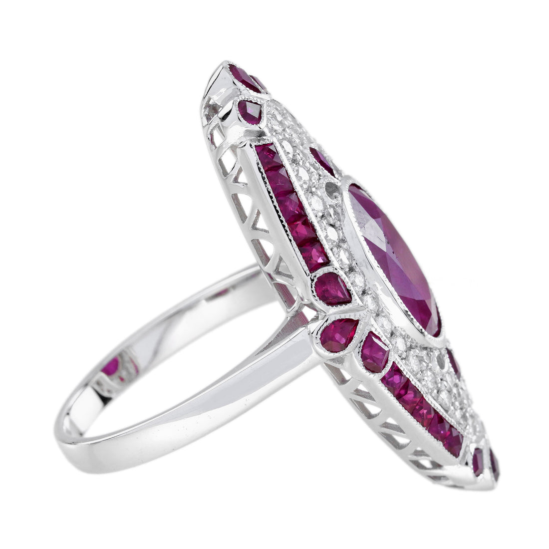 Red Pink Ruby &amp; Diamond Pave Set Art Deco Style Cocktail White Gold Ring