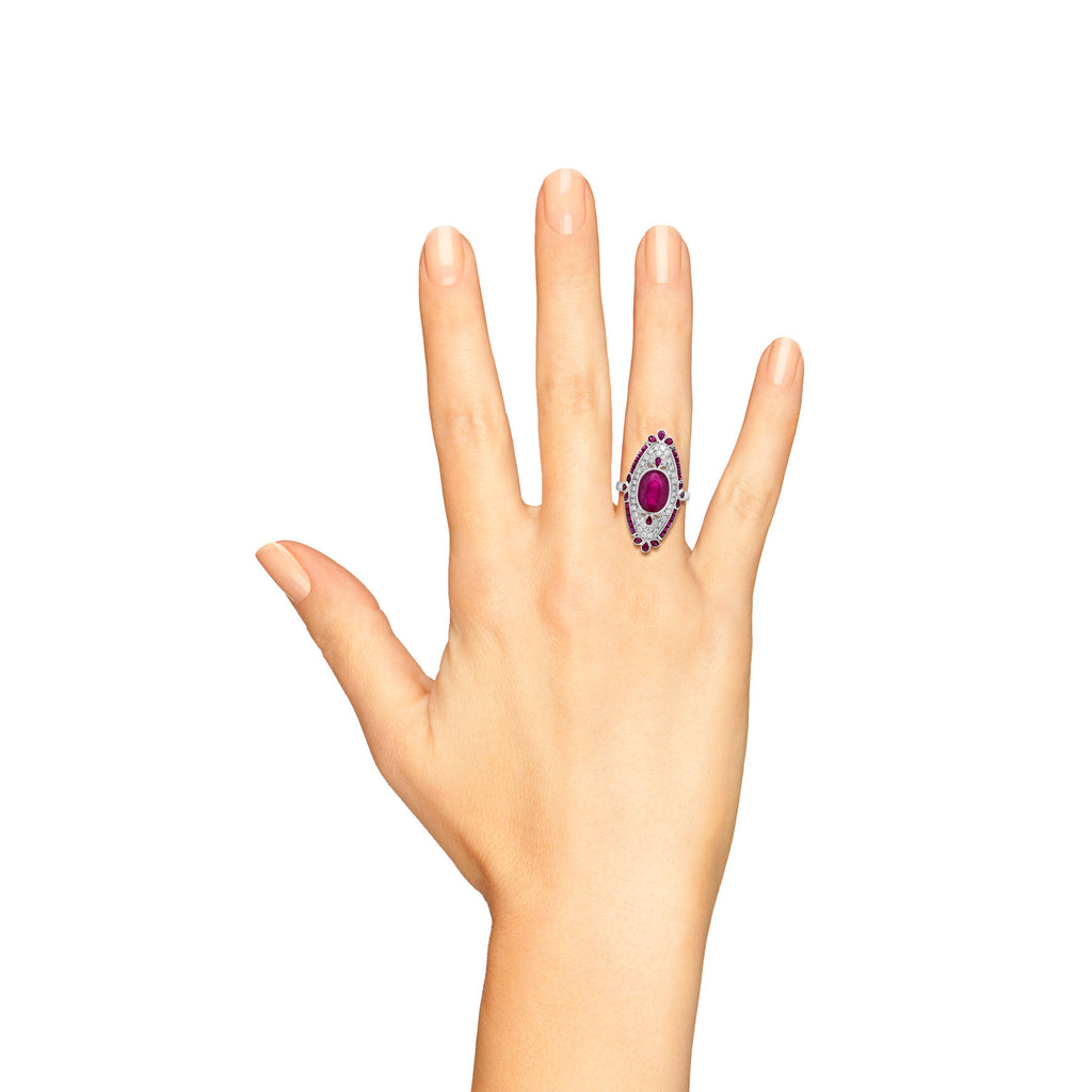 Red Pink Ruby & Diamond Pave Set Art Deco Style Cocktail White Gold Ring