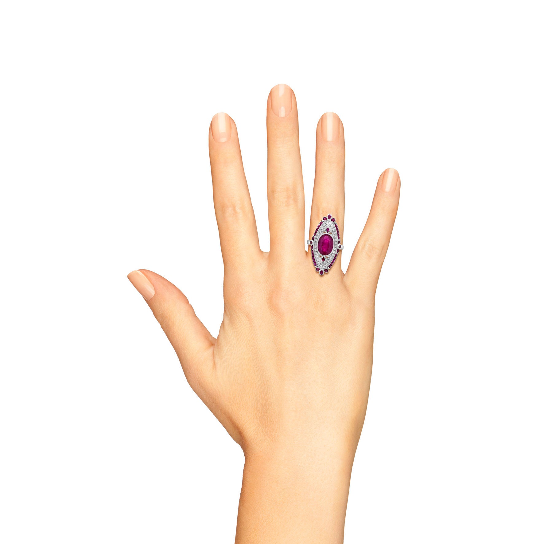 Red Pink Ruby &amp; Diamond Pave Set Art Deco Style Cocktail White Gold Ring