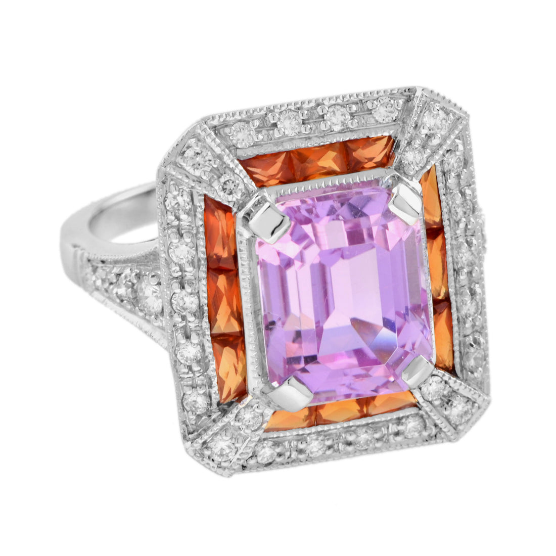 Emerald Shape Pink Kunzite Orange Sapphire & Diamond Art Deco Style Halo Ring
