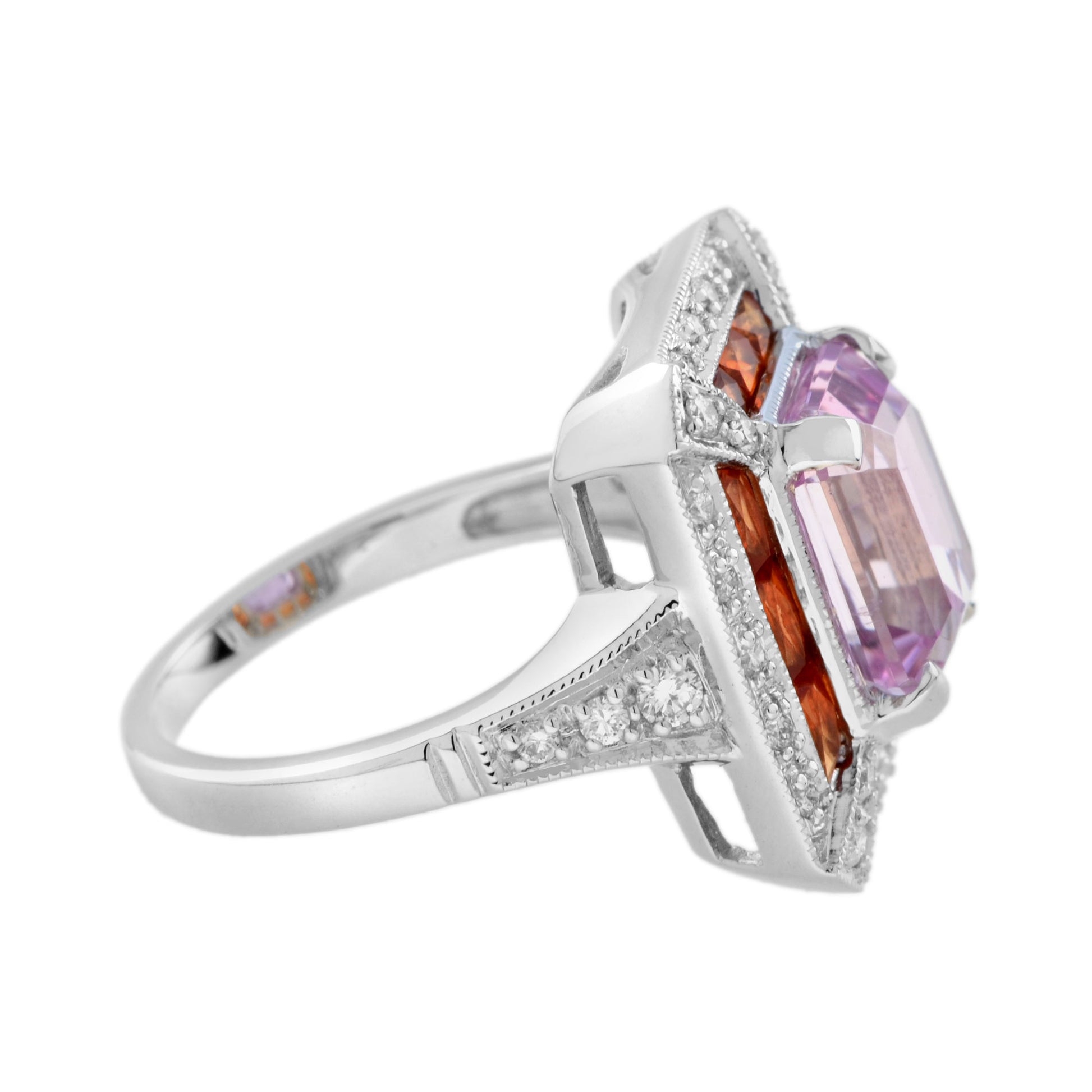 Emerald Shape Pink Kunzite Orange Sapphire & Diamond Art Deco Style Halo Ring