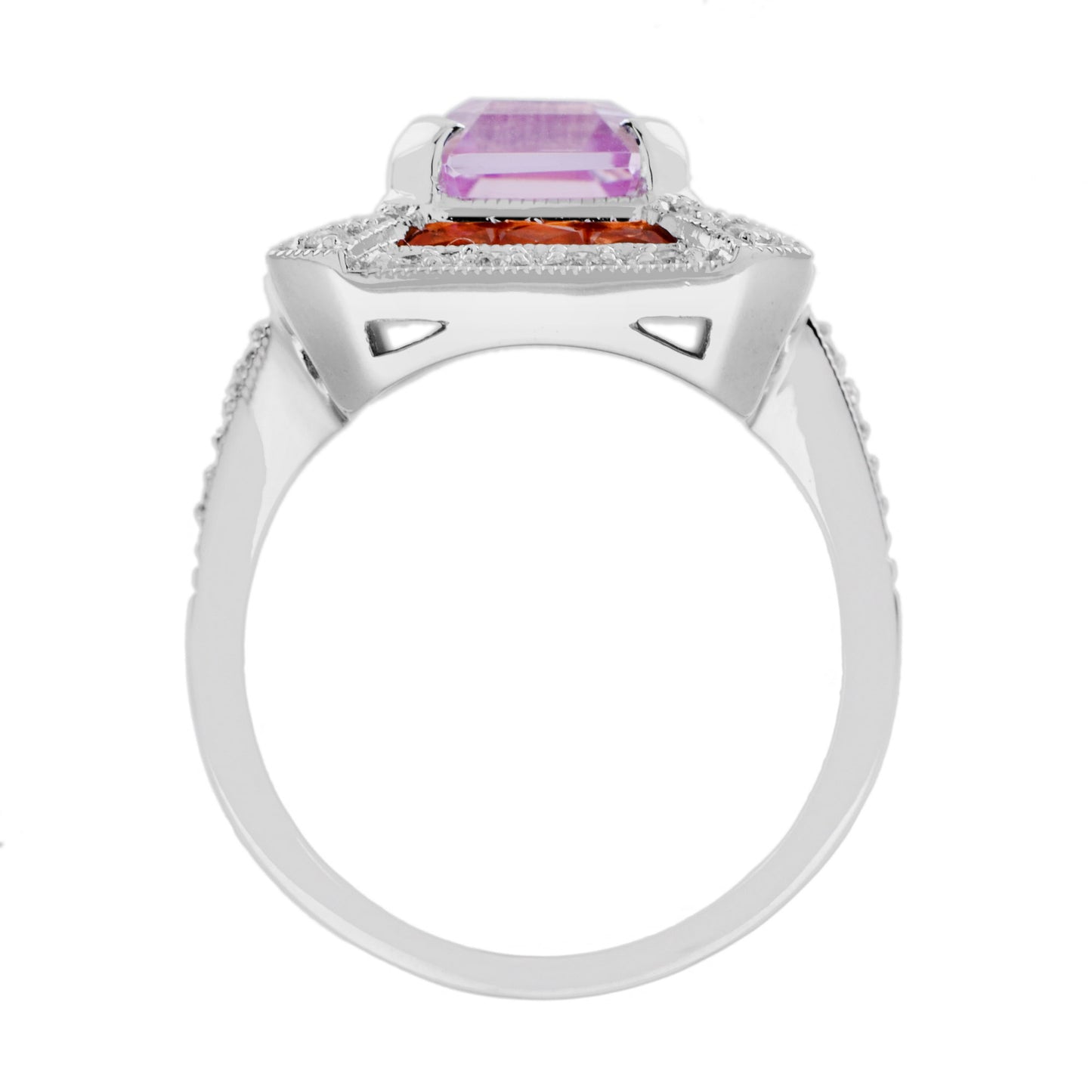 emerald shape pink kunzite orange sapphire & diamond art deco style halo ring
