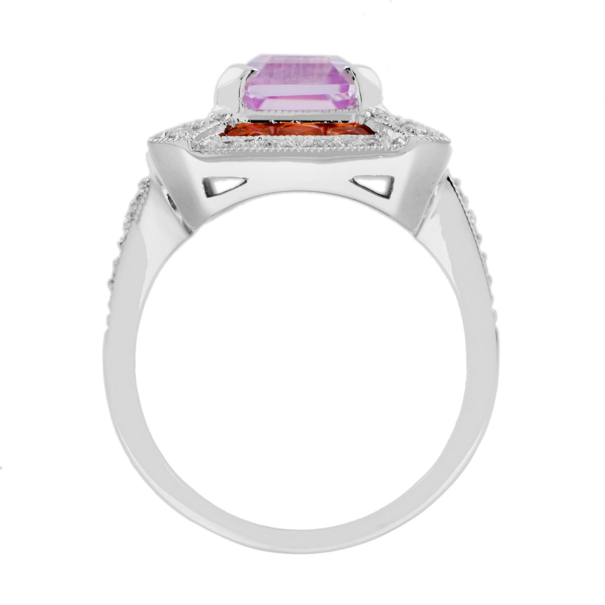 Emerald Shape Pink Kunzite Orange Sapphire & Diamond Art Deco Style Halo Ring