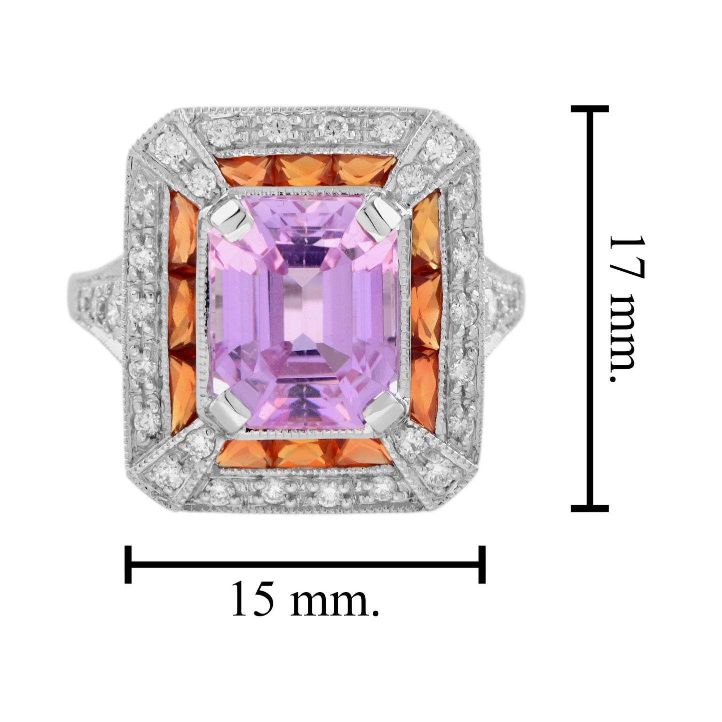 emerald shape pink kunzite orange sapphire & diamond art deco style halo ring