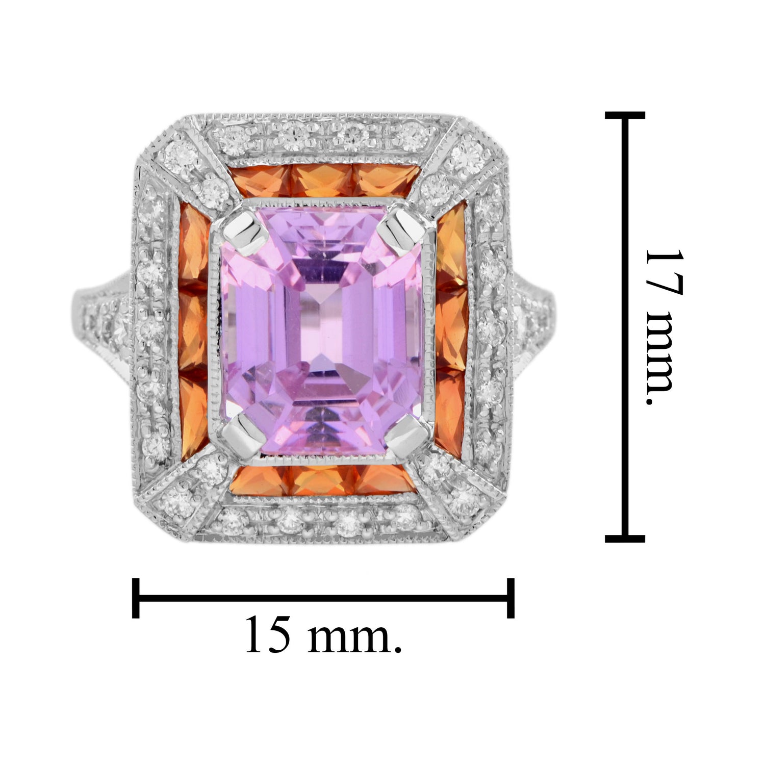 Emerald Shape Pink Kunzite Orange Sapphire &amp; Diamond Art Deco Style Halo Ring