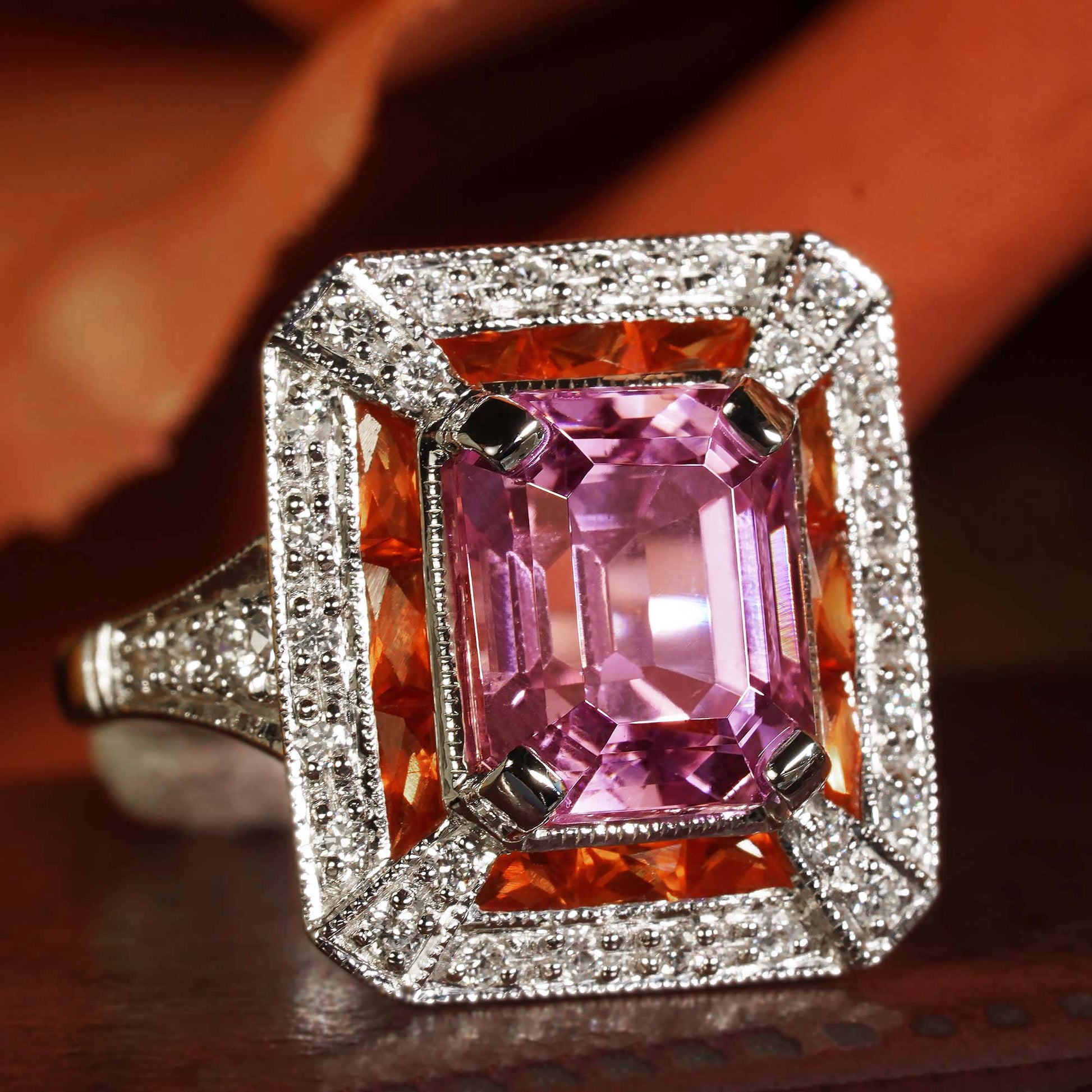 Emerald Shape Pink Kunzite Orange Sapphire & Diamond Art Deco Style Halo Ring