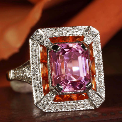 Emerald Shape Pink Kunzite Orange Sapphire & Diamond Art Deco Style Halo Ring