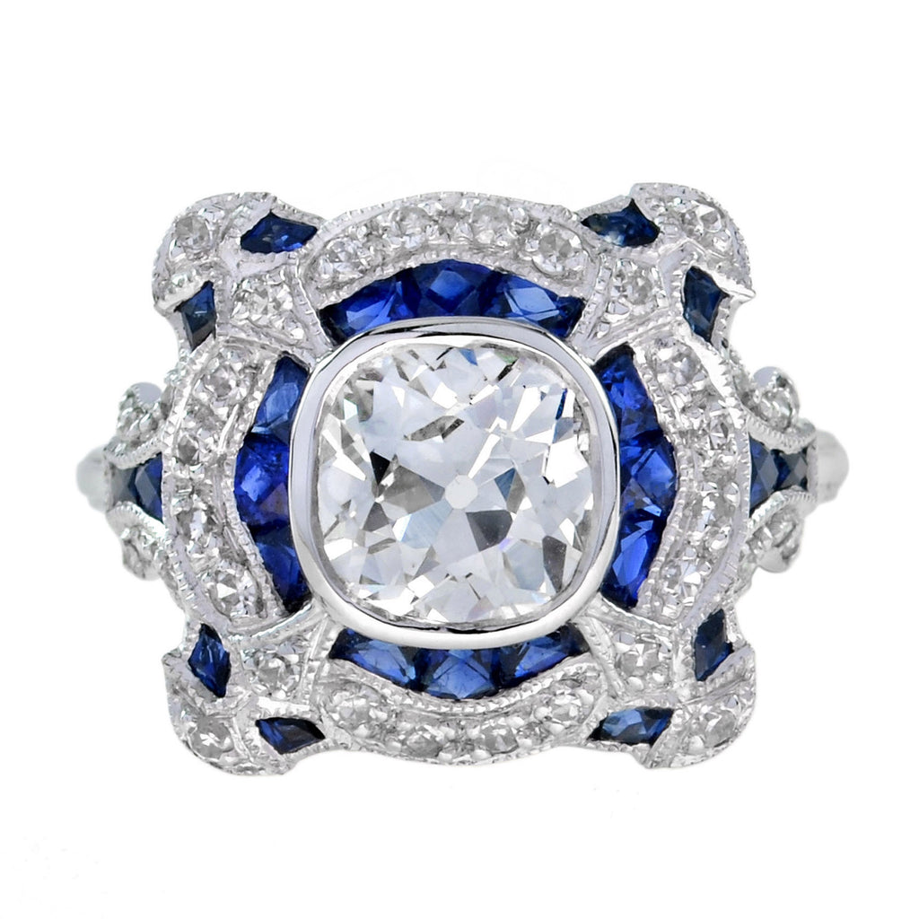 Art Deco шабыттандырылған дөңгелек GIA 1.52 караттық гауһар тастар және көк сапфир ақ алтын сақинасы
