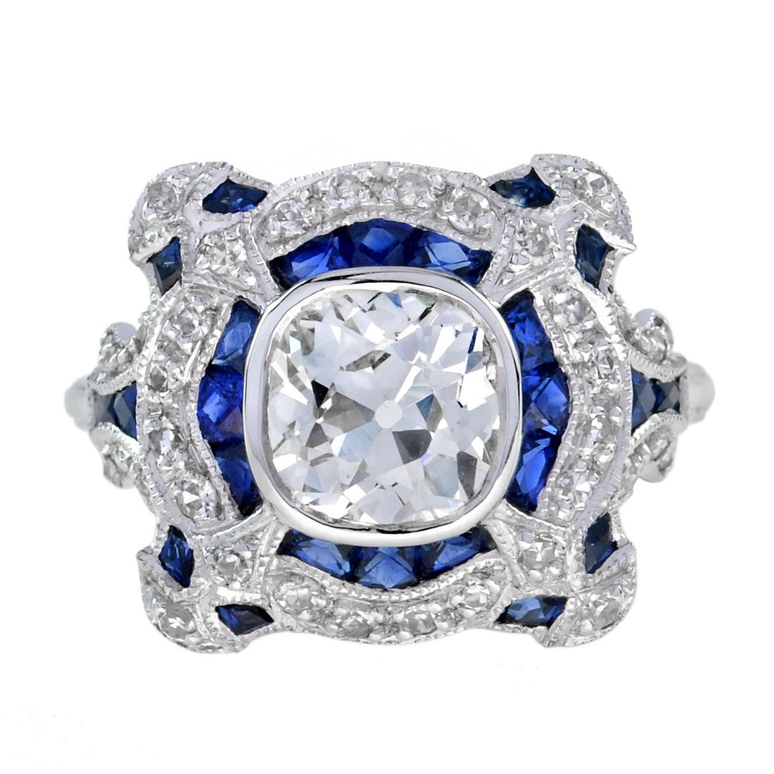 Art Deco Inspired Round GIA 1.52 Carat Diamonds &amp; Blue Sapphire White Gold Ring