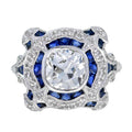 Art Deco шабыттандырылған дөңгелек GIA 1.52 караттық гауһар тастар және көк сапфир ақ алтын сақинасы