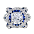 Art Deco шабыттандырылған дөңгелек GIA 1.52 караттық гауһар тастар және көк сапфир ақ алтын сақинасы