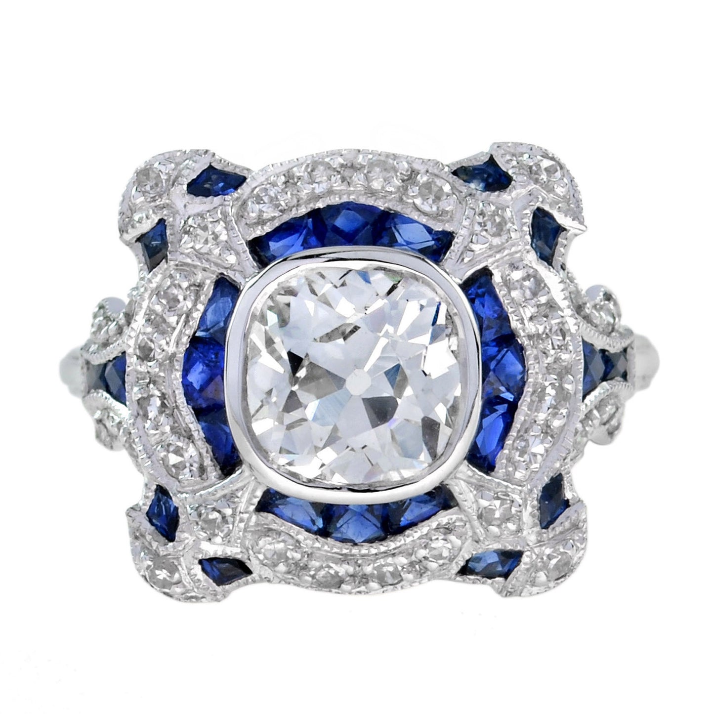 art deco inspired round gia 1.52 carat diamonds & blue sapphire white gold ring