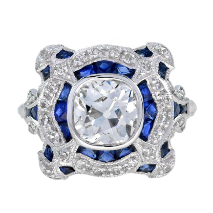 Art Deco Inspired Round GIA 1.52 Carat Diamonds & Blue Sapphire White Gold Ring