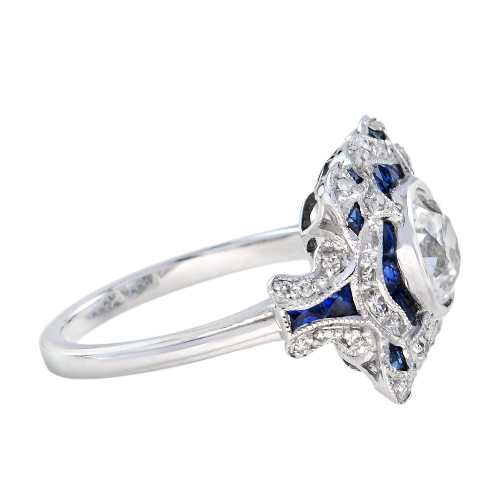 Art Deco шабыттандырылған дөңгелек GIA 1.52 караттық гауһар тастар және көк сапфир ақ алтын сақинасы