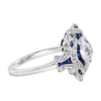 Art Deco шабыттандырылған дөңгелек GIA 1.52 караттық гауһар тастар және көк сапфир ақ алтын сақинасы