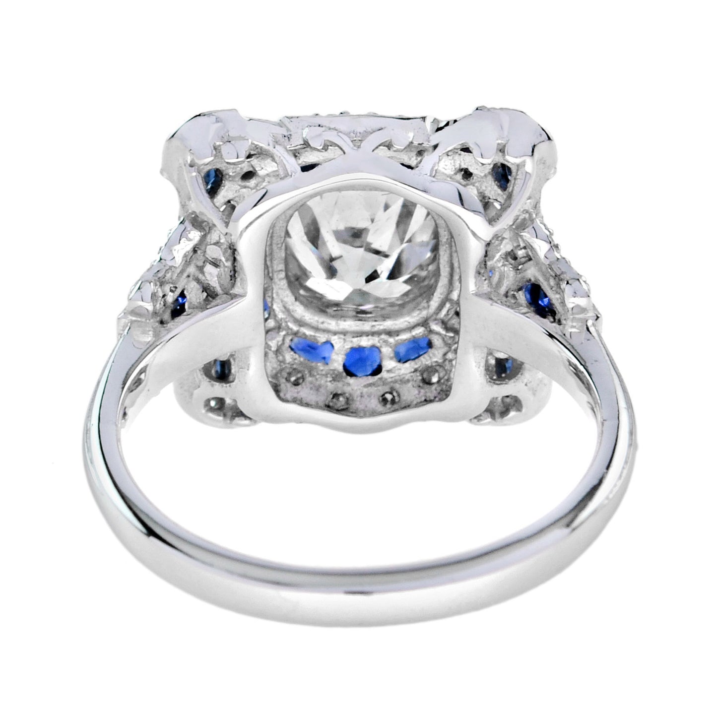 art deco inspired round gia 1.52 carat diamonds & blue sapphire white gold ring