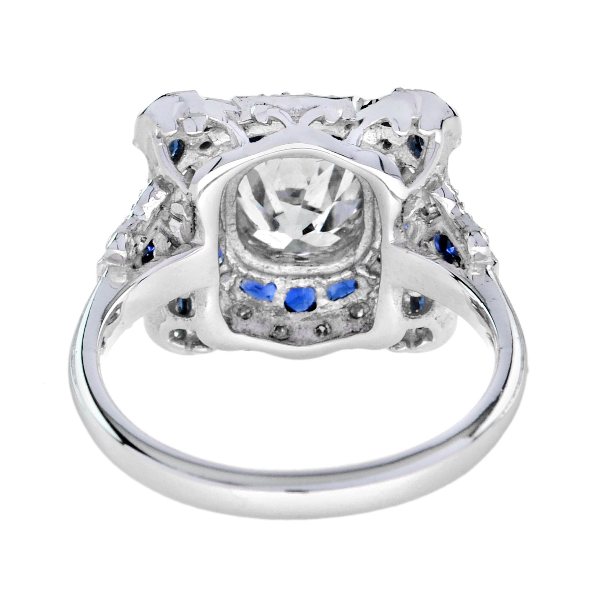 Art Deco Inspired Round GIA 1.52 Carat Diamonds & Blue Sapphire White Gold Ring