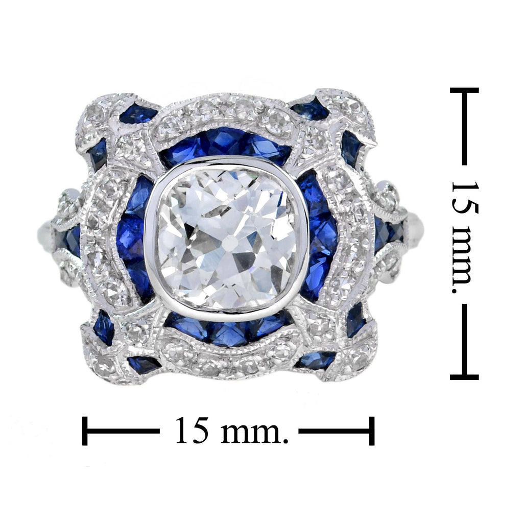 Art Deco шабыттандырылған дөңгелек GIA 1.52 караттық гауһар тастар және көк сапфир ақ алтын сақинасы