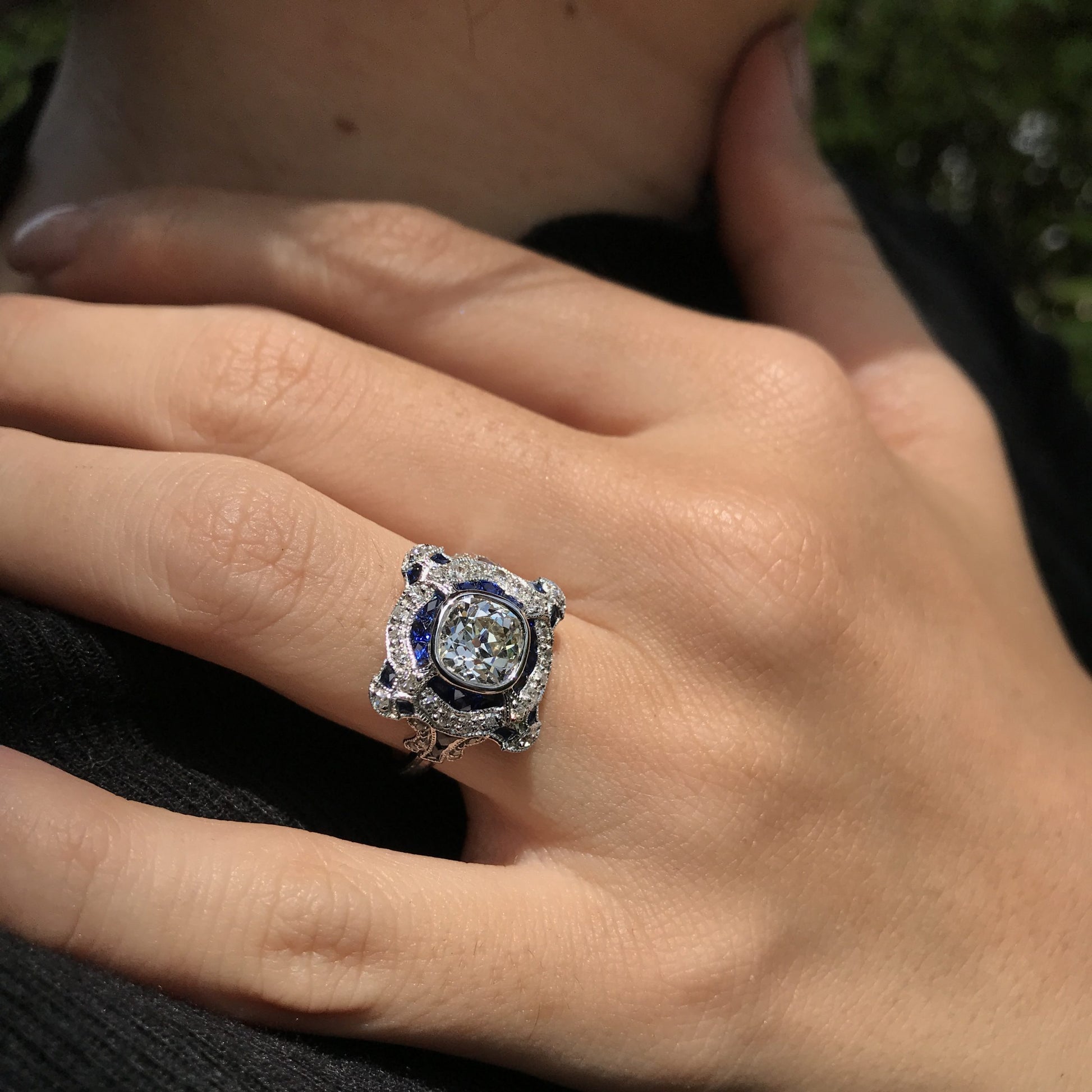 Art Deco Inspired Round GIA 1.52 Carat Diamonds & Blue Sapphire White Gold Ring