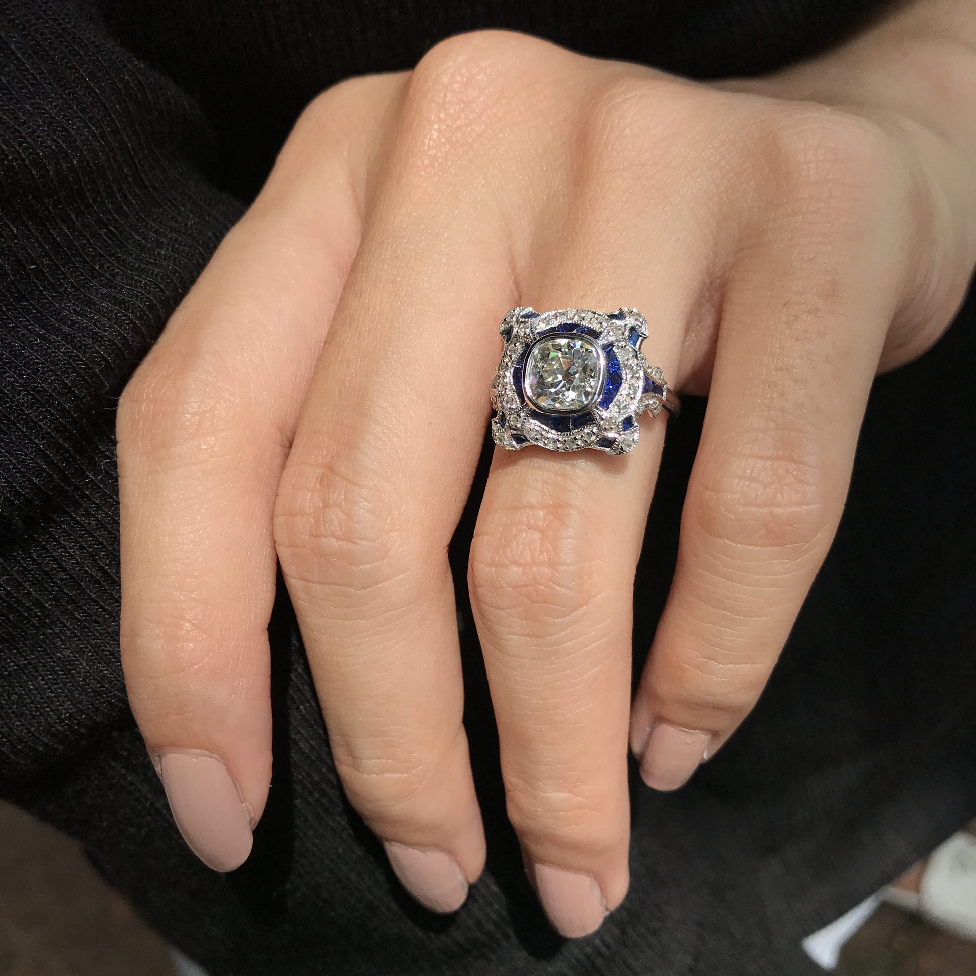Art Deco Inspired Round GIA 1.52 Carat Diamonds & Blue Sapphire White Gold Ring