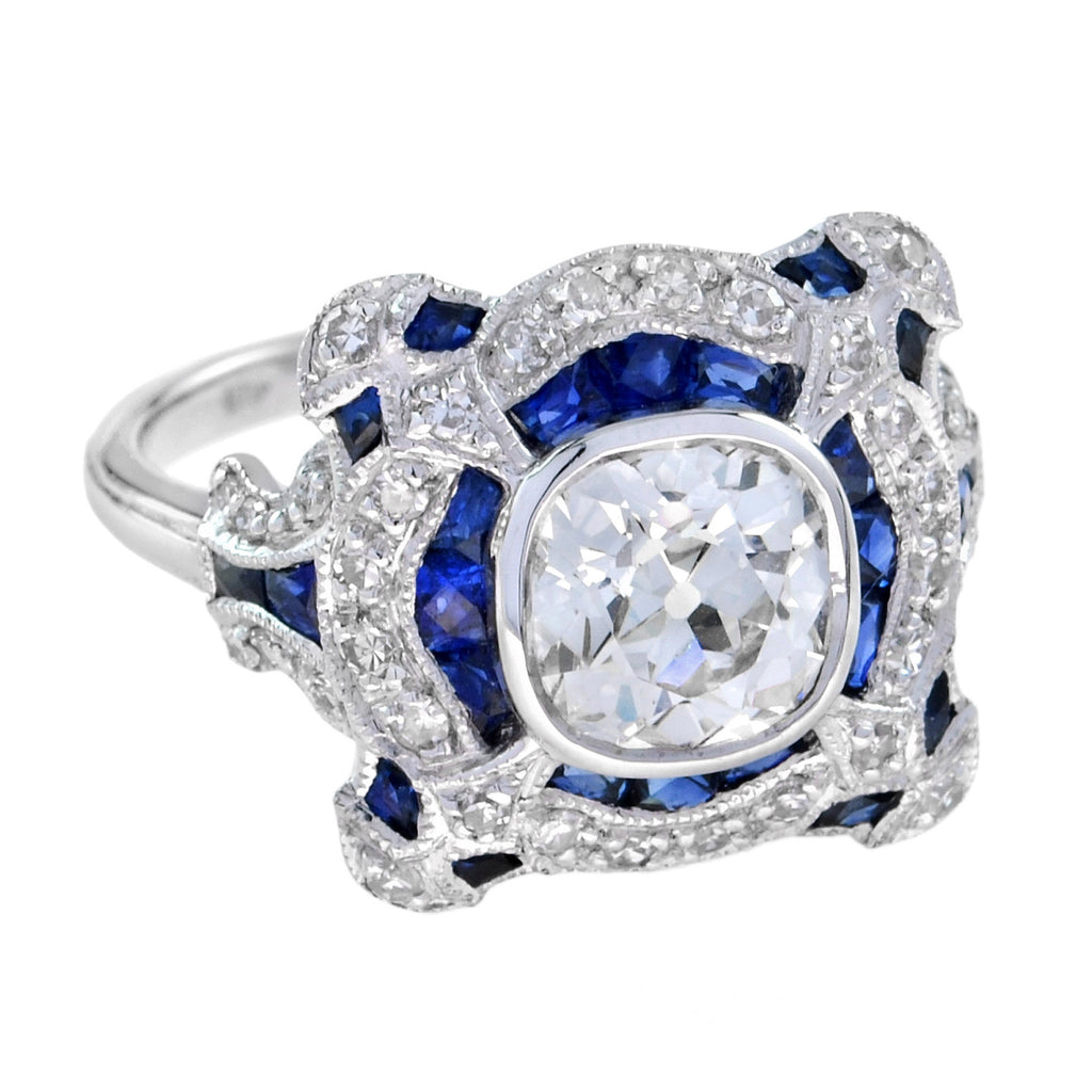 Art Deco шабыттандырылған дөңгелек GIA 1.52 караттық гауһар тастар және көк сапфир ақ алтын сақинасы