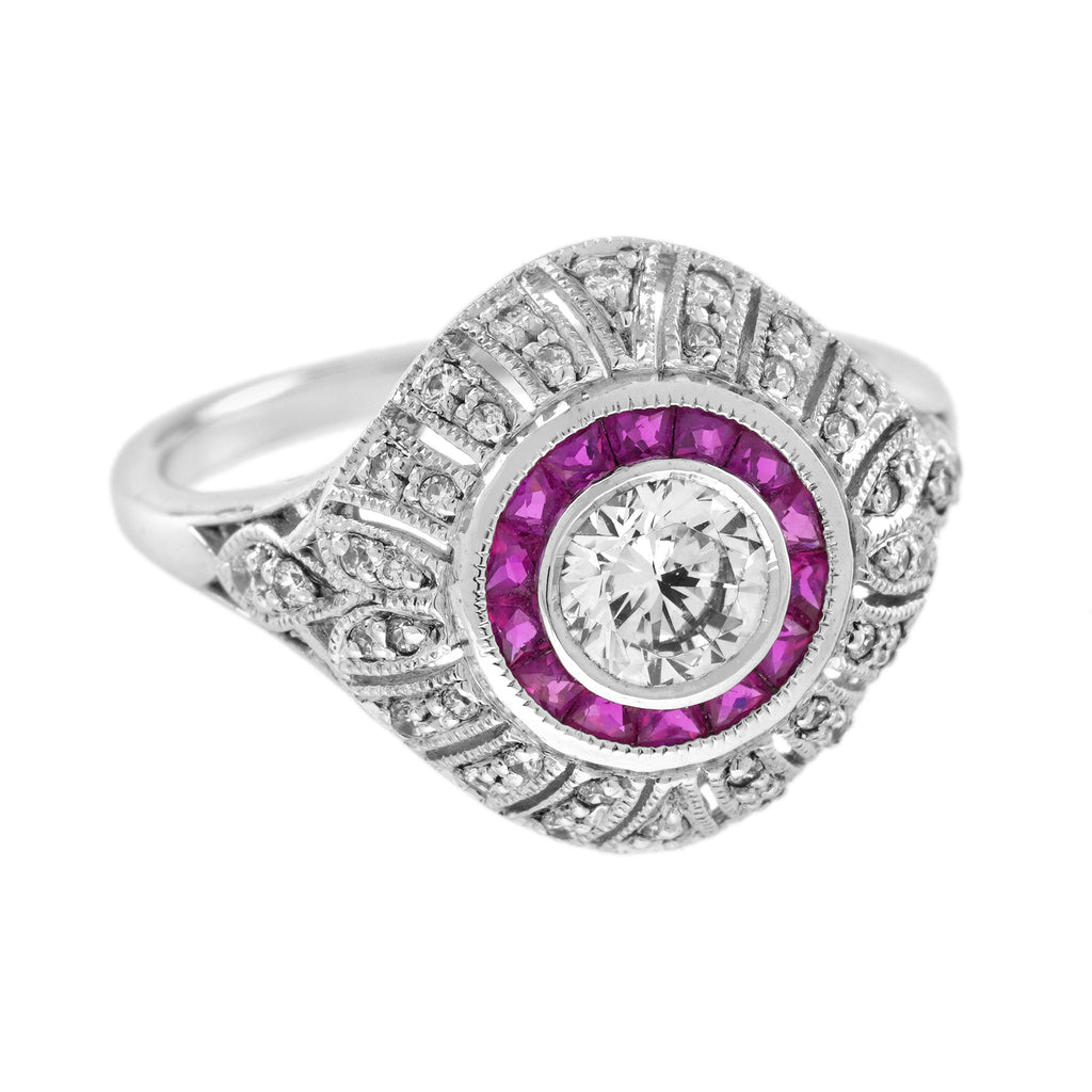 Diamond & Red Pink Ruby Edwardian Style Engagement 18K White Gold Ring