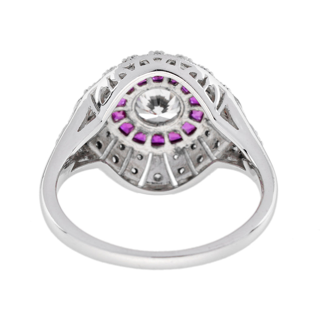 Diamond & Red Pink Ruby Edwardian Style Engagement 18K White Gold Ring