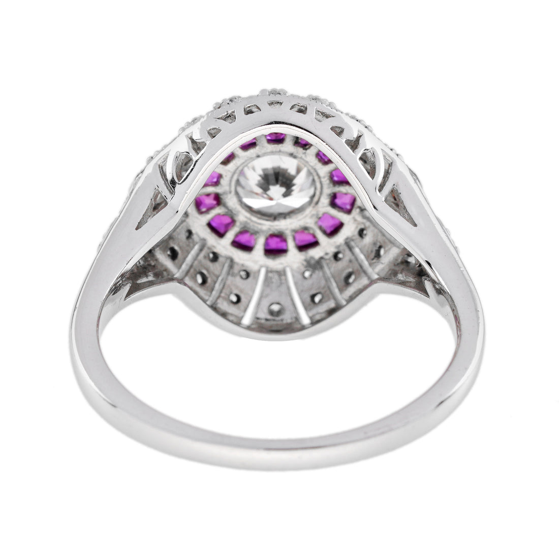 Diamond &amp; Red Pink Ruby Edwardian Style Engagement 18K White Gold Ring