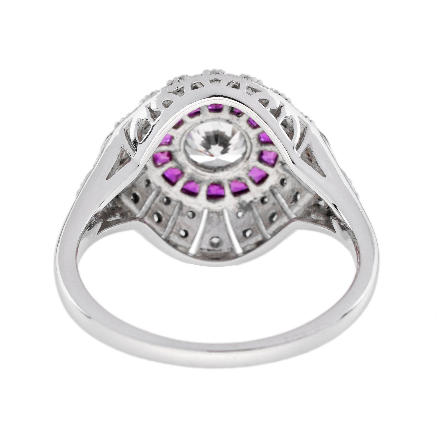 Diamond &amp; Red Pink Ruby Edwardian Style Engagement 18K White Gold Ring