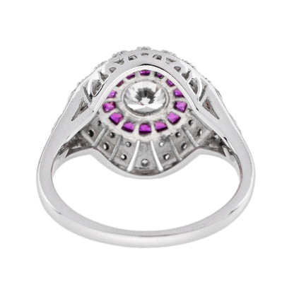 Diamond &amp; Red Pink Ruby Edwardian Style Engagement 18K White Gold Ring