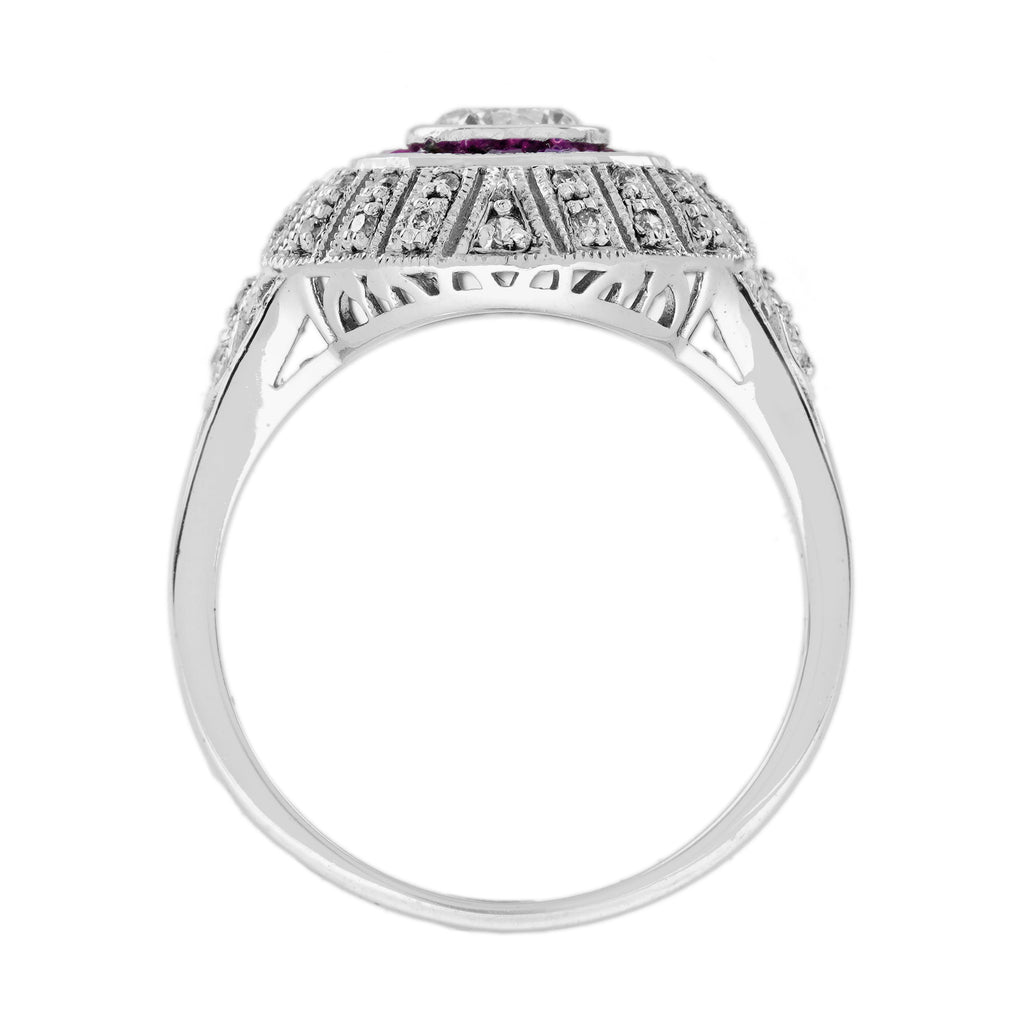 Diamond & Red Pink Ruby Edwardian Style Engagement 18K White Gold Ring