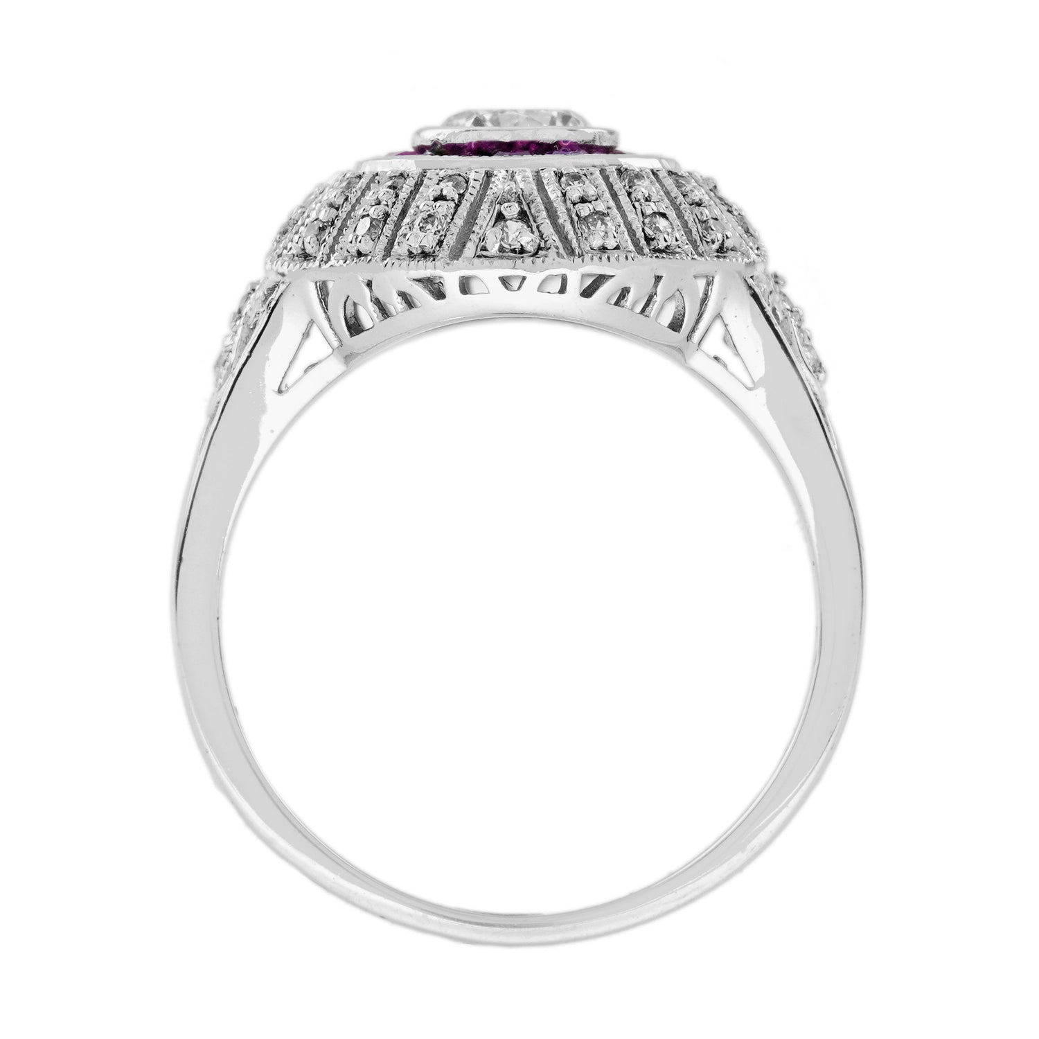 Diamond &amp; Red Pink Ruby Edwardian Style Engagement 18K White Gold Ring