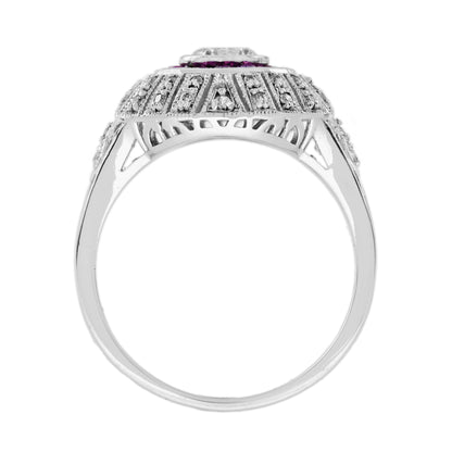 Diamond &amp; Red Pink Ruby Edwardian Style Engagement 18K White Gold Ring