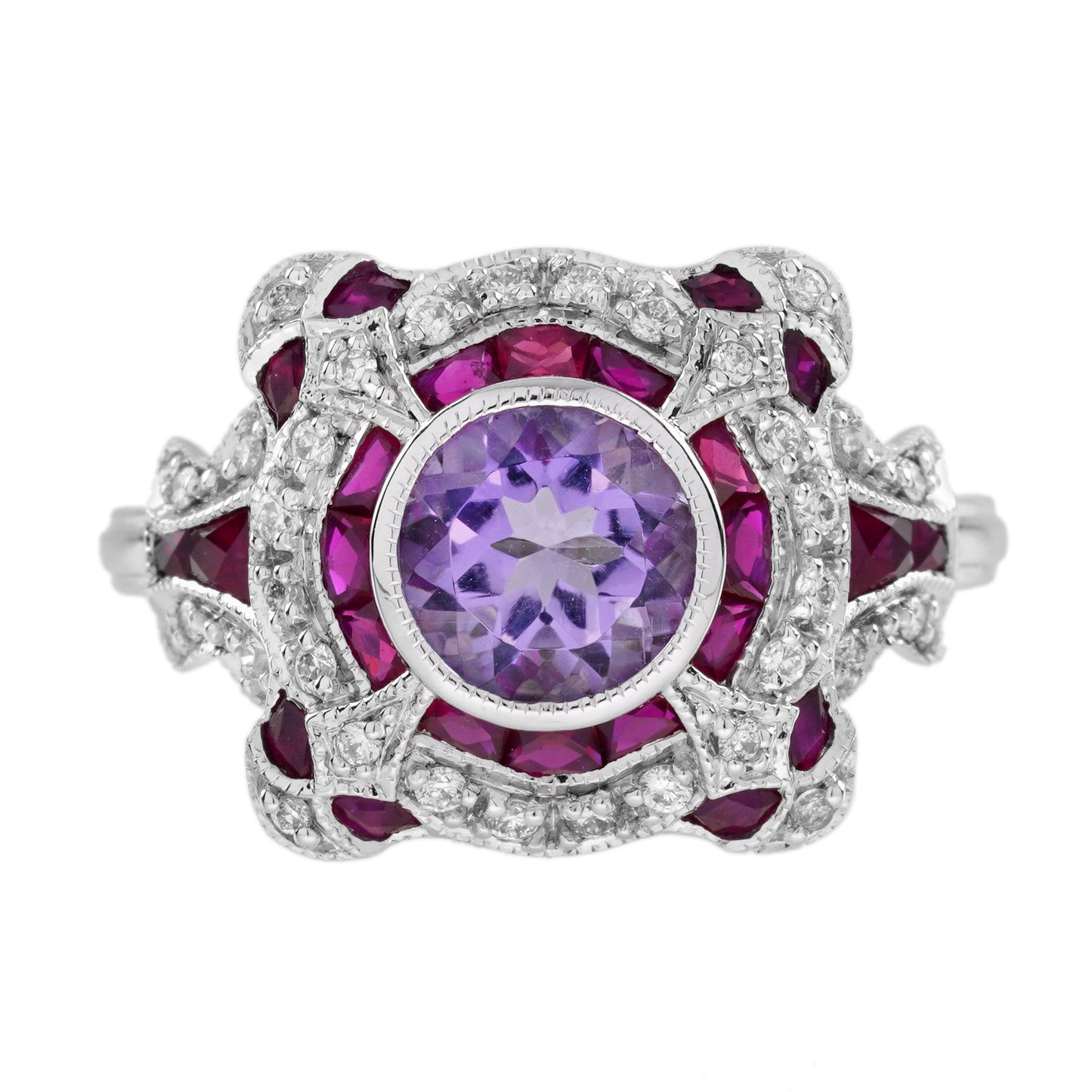 violet amethyst & ruby diamond vintage style art deco style white gold ring