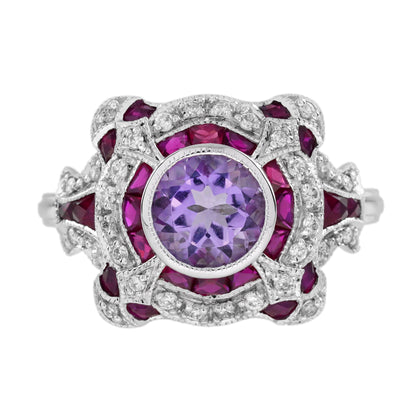 Violet Amethyst & Ruby Diamond Vintage Style Art Deco Style White Gold Ring