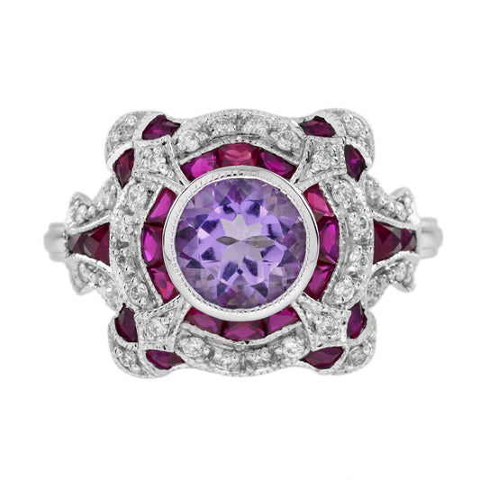 Violet Amethyst & Ruby Diamond Vintage Style Art Deco Style White Gold Ring