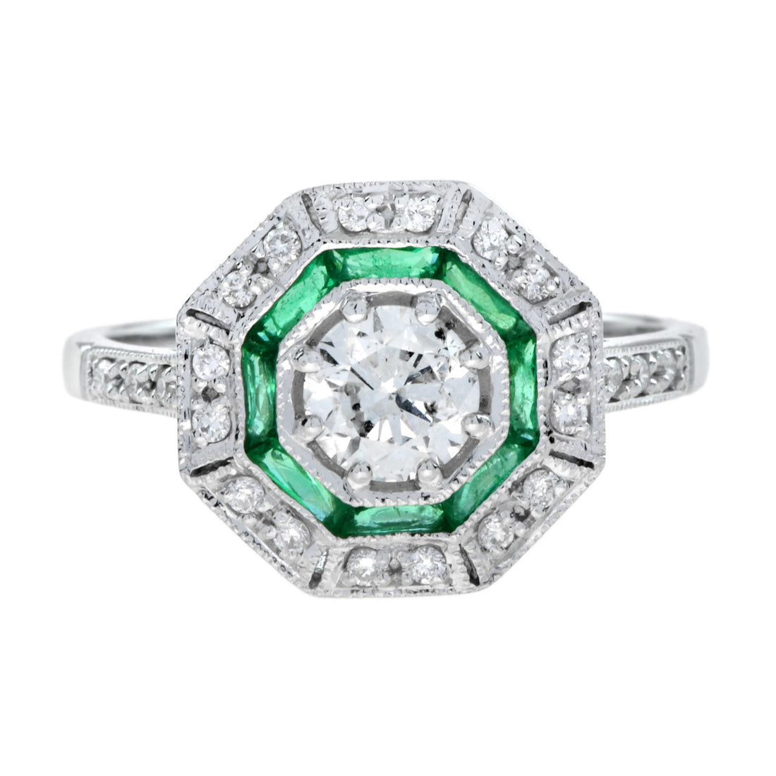 Round Diamond & Emerald Halo Set Octagonal Shape Art Deco Style White Gold Ring