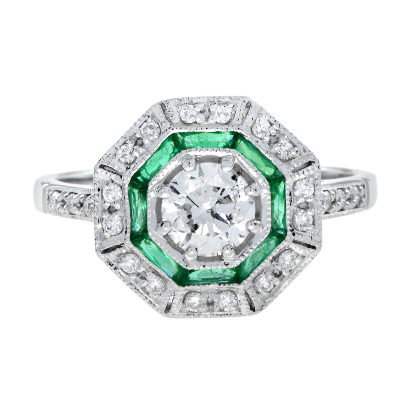 round diamond & emerald halo set octagonal shape art deco style white gold ring