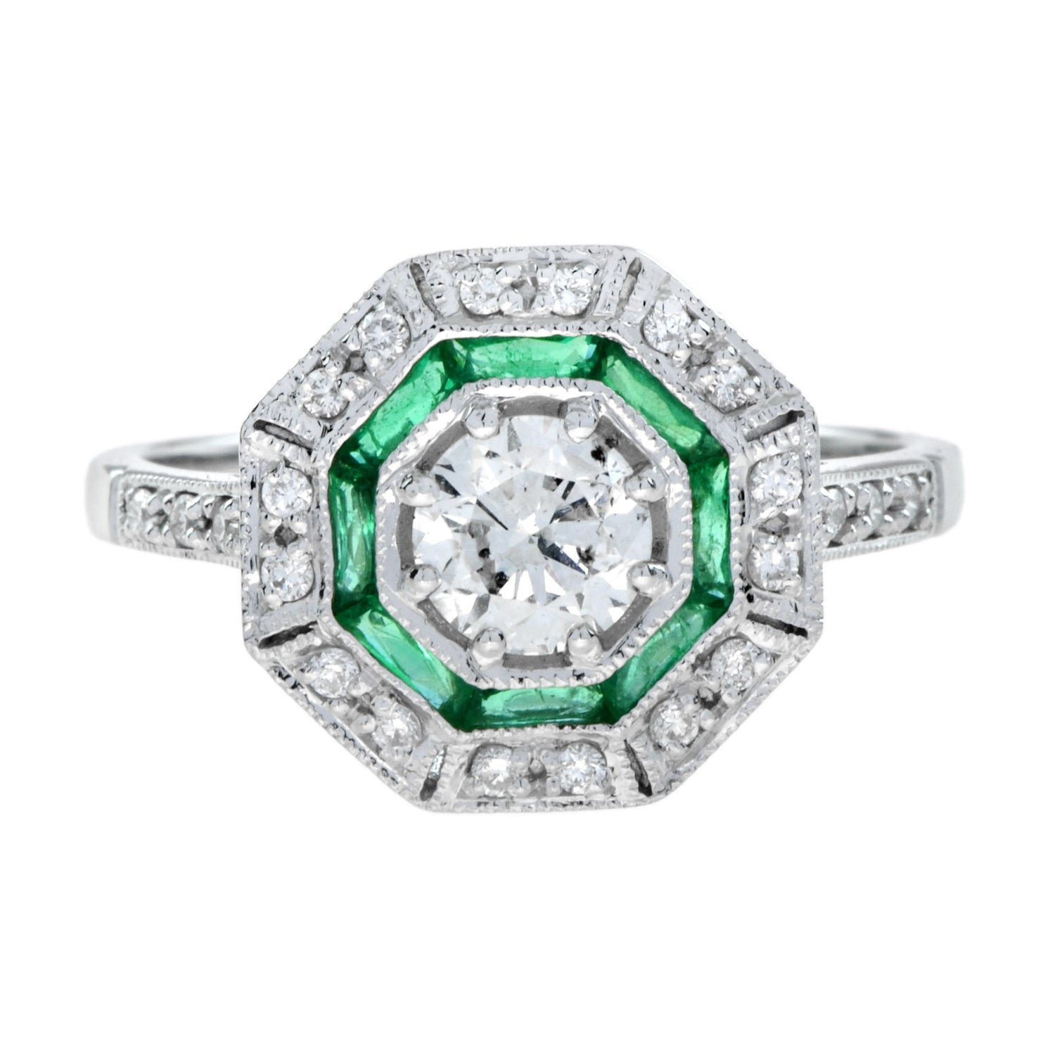 Round Diamond &amp; Emerald Halo Set Octagonal Shape Art Deco Style White Gold Ring