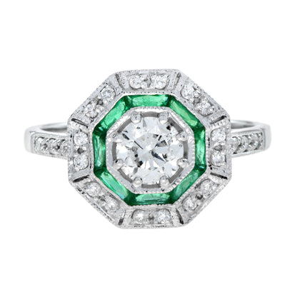 Round Diamond & Emerald Halo Set Octagonal Shape Art Deco Style White Gold Ring