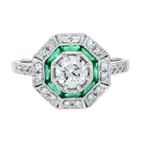 Round Diamond & Emerald Halo Set Octagonal Shape Art Deco Style White Gold Ring