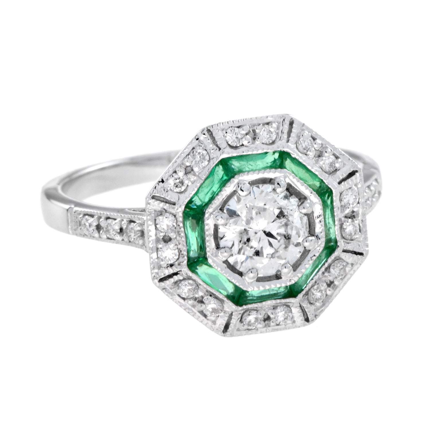 Round Diamond &amp; Emerald Halo Set Octagonal Shape Art Deco Style White Gold Ring