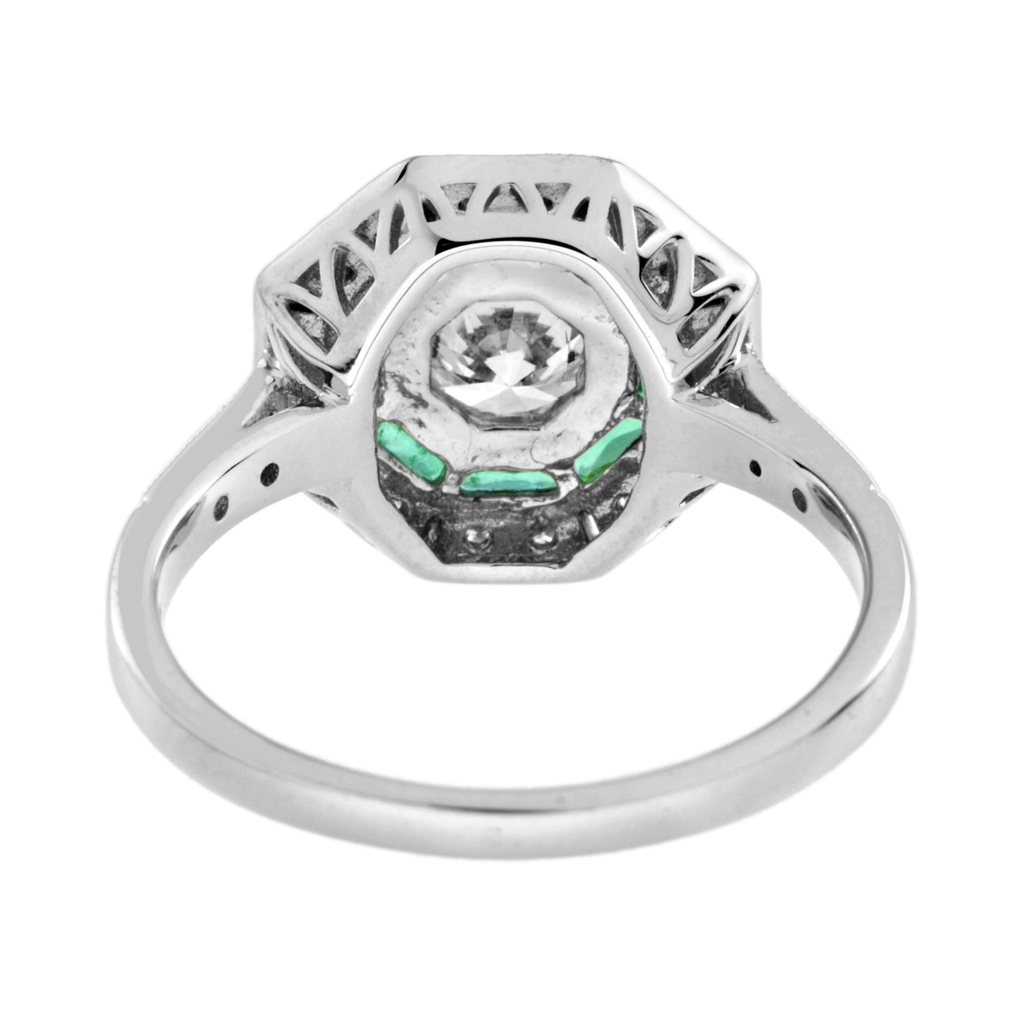 round diamond & emerald halo set octagonal shape art deco style white gold ring