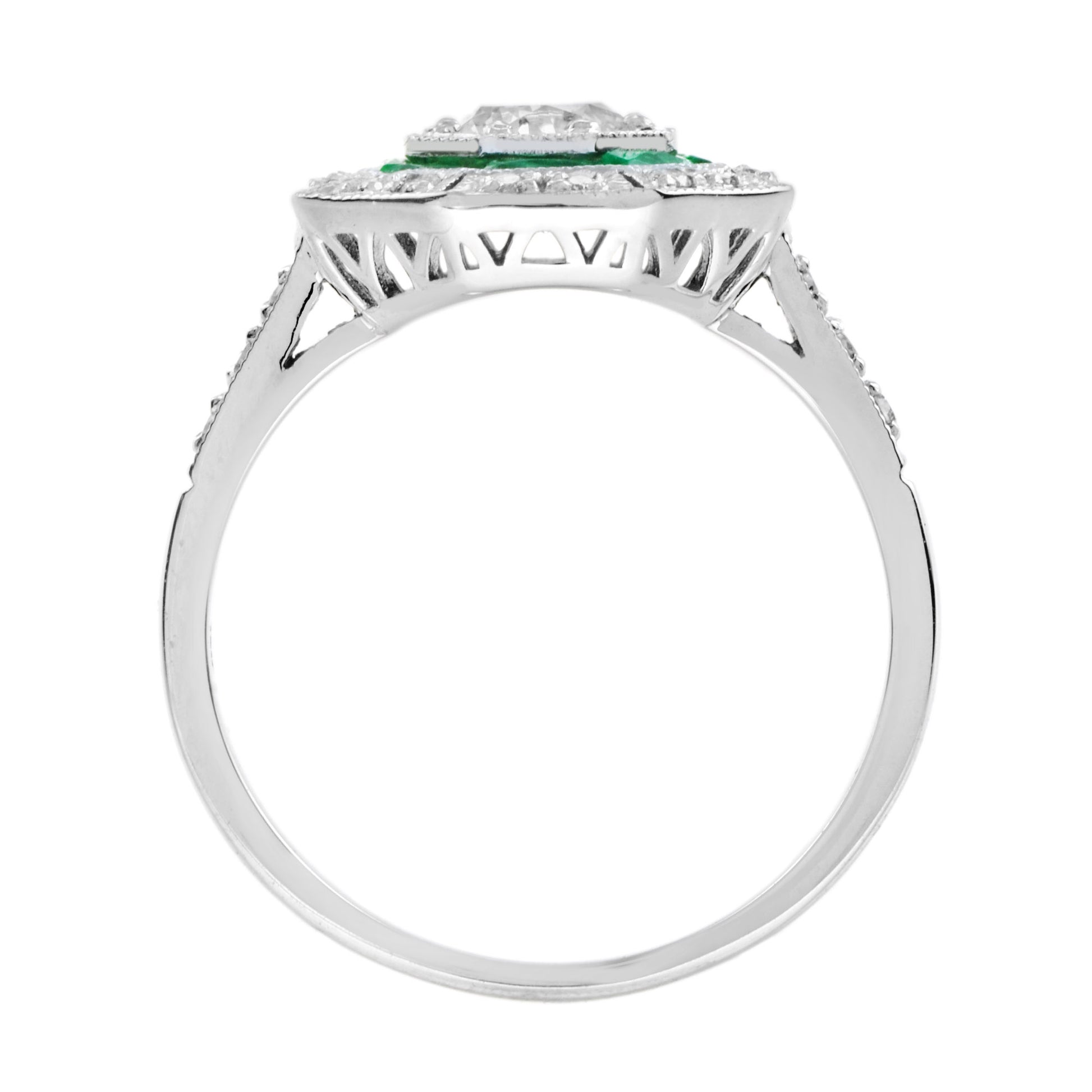 Round Diamond & Emerald Halo Set Octagonal Shape Art Deco Style White Gold Ring