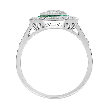 Round Diamond & Emerald Halo Set Octagonal Shape Art Deco Style White Gold Ring