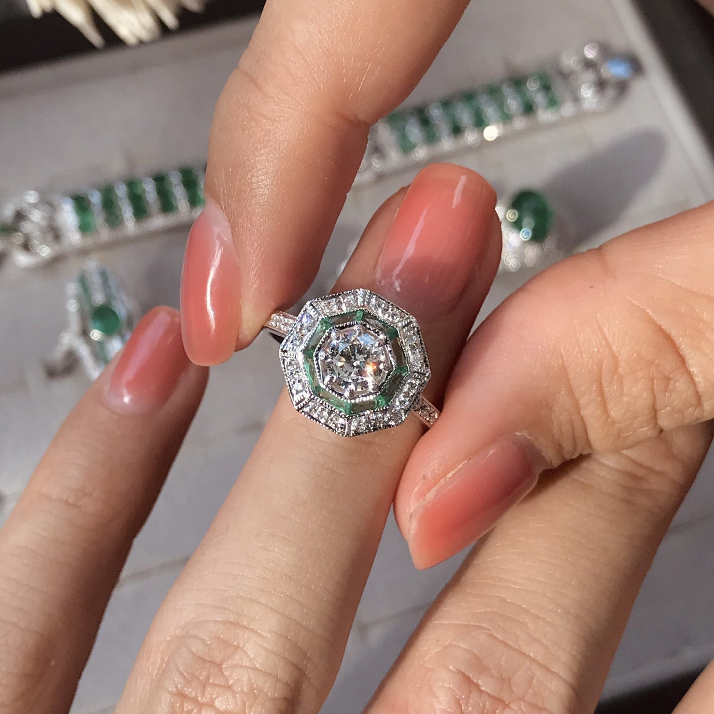 round diamond & emerald halo set octagonal shape art deco style white gold ring