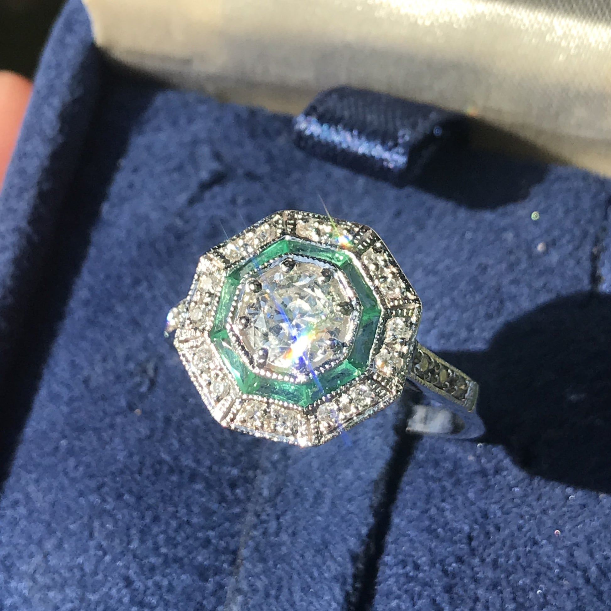 Round Diamond & Emerald Halo Set Octagonal Shape Art Deco Style White Gold Ring