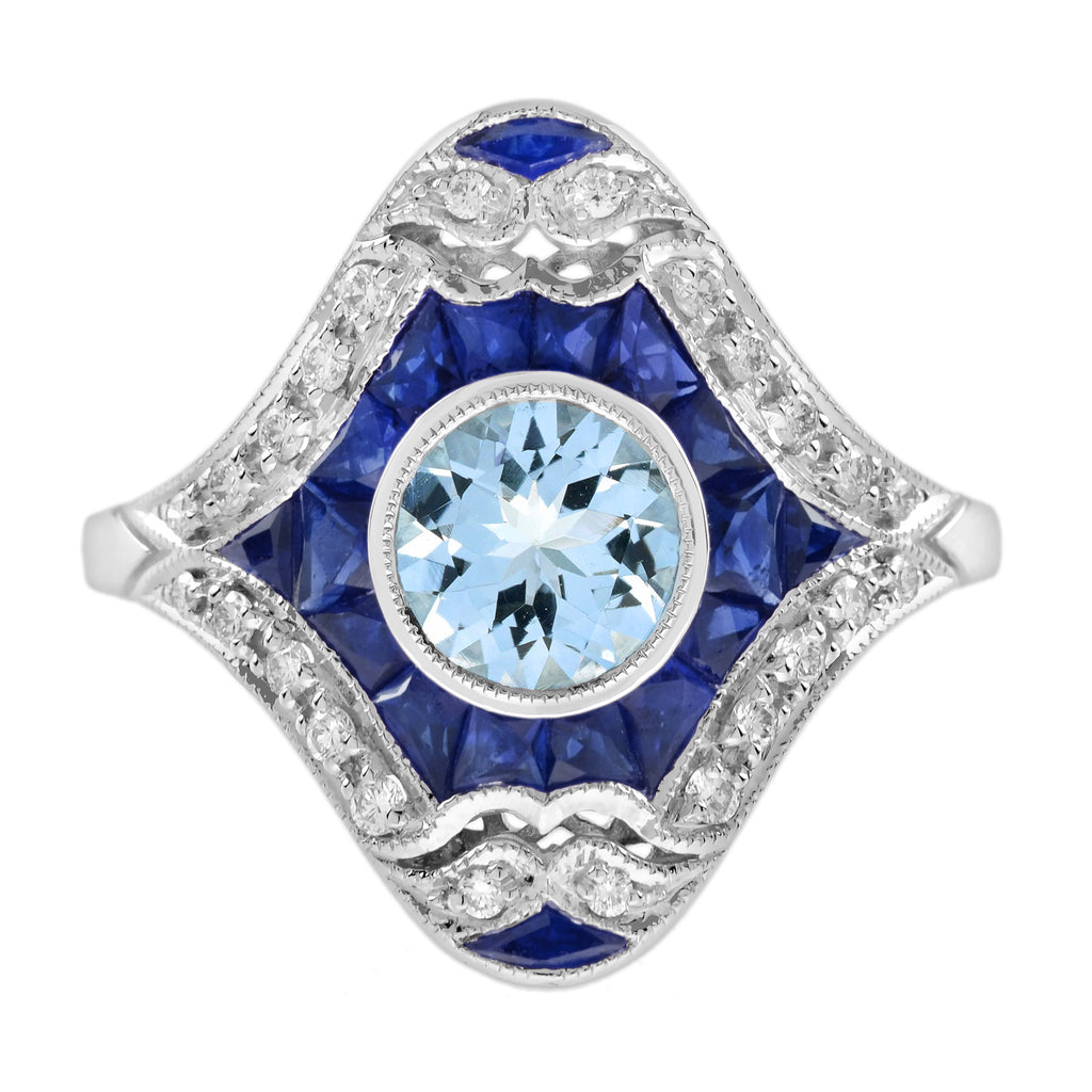 Aquamarine & Blue Sapphire and Diamond Art Deco Style Dinner 14K White Gold Ring