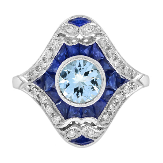Aquamarine & Blue Sapphire and Diamond Art Deco Style Dinner 14K White Gold Ring